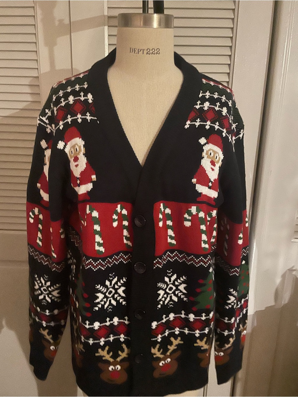 Men’s Ugly Christmas Sweater Holiday Cardigan with Red & Green Motifs.